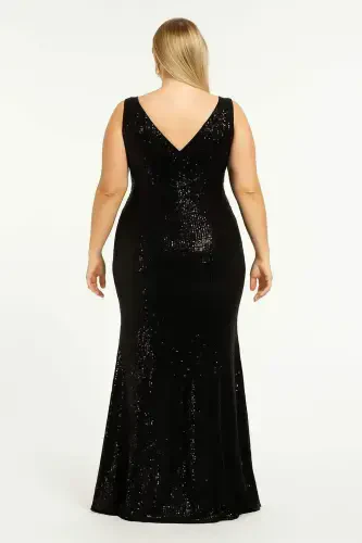 Plus Size Sequin V-Neck Long Evening Dress KL3098 Black - BÜYÜKBEDENIZ (1)