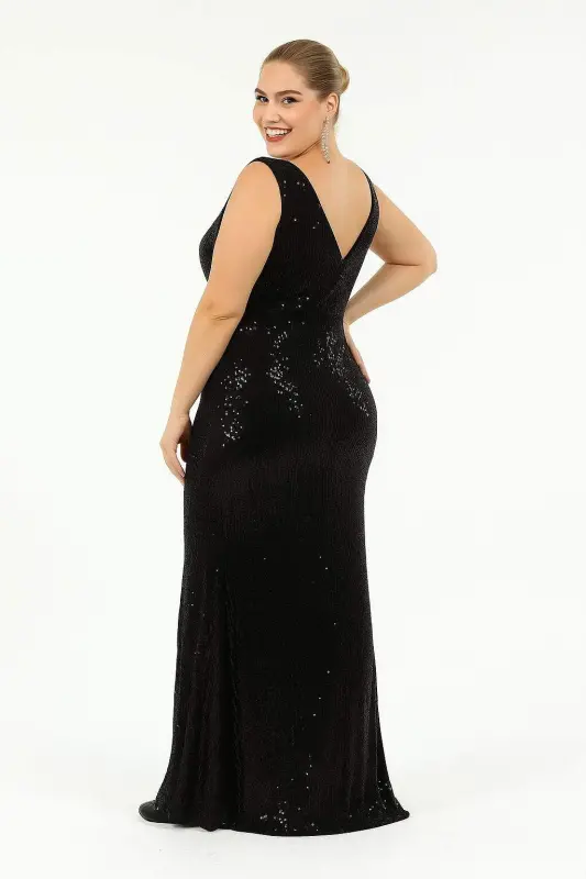 Plus Size Sequin V-Neck Long Evening Dress KL3098 Black - 5