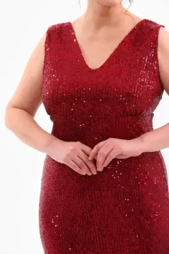 Plus Size Sequin V Neck Long Evening Dress KL3098 Burgundy - BÜYÜKBEDENIZ (1)