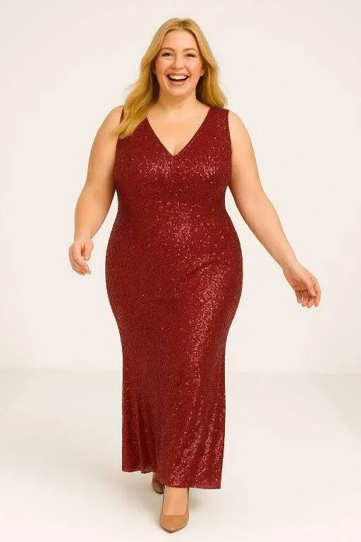 Plus Size Sequin V Neck Long Evening Dress KL3098 Burgundy - 1