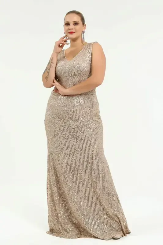 Plus Size Sequin V-Neck Long Evening Dress KL3098 Copper - BÜYÜKBEDENIZ