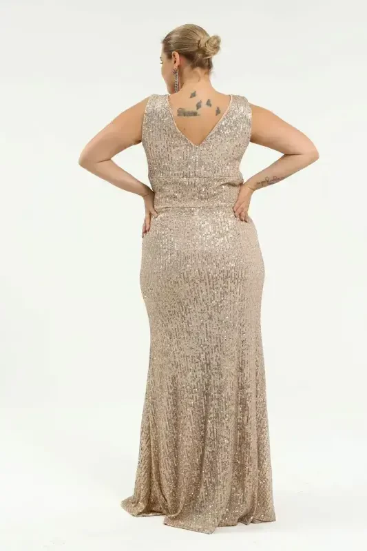 Plus Size Sequin V-Neck Long Evening Dress KL3098 Copper - 3