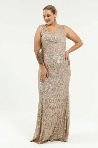 Plus Size Sequin V-Neck Long Evening Dress KL3098 Copper - BÜYÜKBEDENIZ (1)