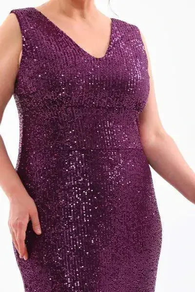 Plus Size Sequin V-Neck Long Evening Dress KL3098 Purple - BÜYÜKBEDENIZ