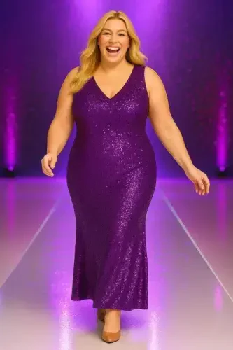 Plus Size Sequin V-Neck Long Evening Dress KL3098 Purple - BÜYÜKBEDENIZ (1)