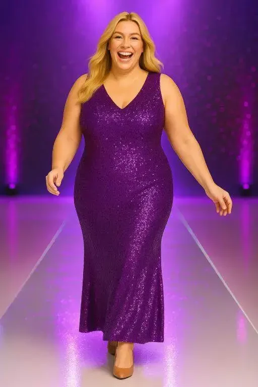 Plus Size Sequin V-Neck Long Evening Dress KL3098 Purple - 2