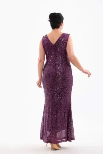 Plus Size Sequin V-Neck Long Evening Dress KL3098 Purple - 4