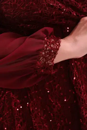 Plus Size Sequin Wrap Chiffon Sleeve Midi Burgundy Evening Dress KL3083 - 2