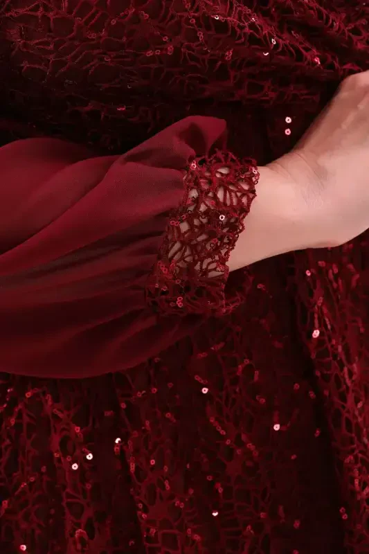 Plus Size Sequin Wrap Chiffon Sleeve Midi Burgundy Evening Dress KL3083 - 2