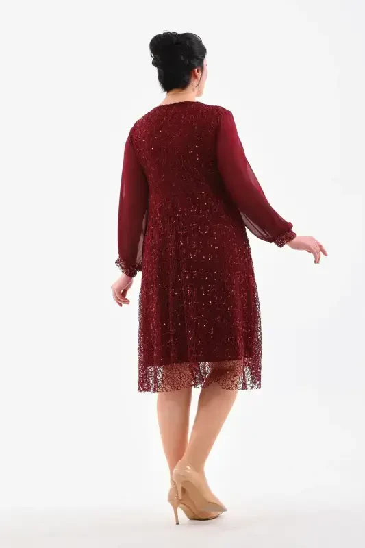 Plus Size Sequin Wrap Chiffon Sleeve Midi Burgundy Evening Dress KL3083 - 3