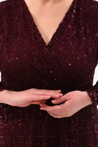 Plus Size Sequin Wrap Chiffon Sleeve Midi Burgundy Evening Dress KL3083 - 4