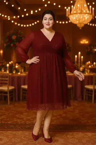 Plus Size Sequin Wrap Chiffon Sleeve Midi Burgundy Evening Dress KL3083 - 5