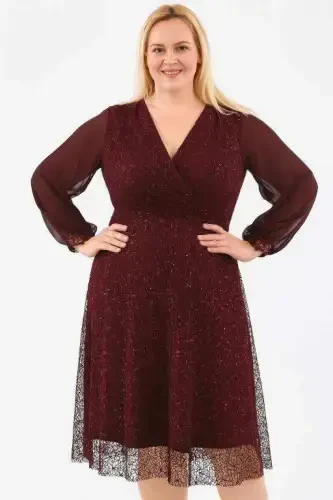 Plus Size Sequin Wrap Chiffon Sleeve Midi Burgundy Evening Dress KL3083 - 6