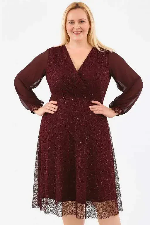 Plus Size Sequin Wrap Chiffon Sleeve Midi Burgundy Evening Dress KL3083 - 6