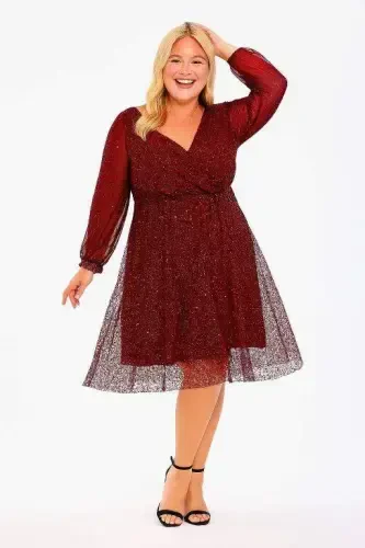 Plus Size Sequin Wrap Chiffon Sleeve Midi Burgundy Evening Dress KL3083 - 7