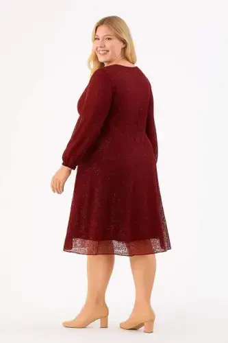 Plus Size Sequin Wrap Chiffon Sleeve Midi Burgundy Evening Dress KL3083 - 8