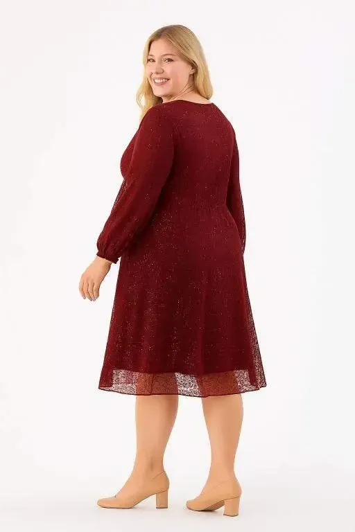 Plus Size Sequin Wrap Chiffon Sleeve Midi Burgundy Evening Dress KL3083 - 8