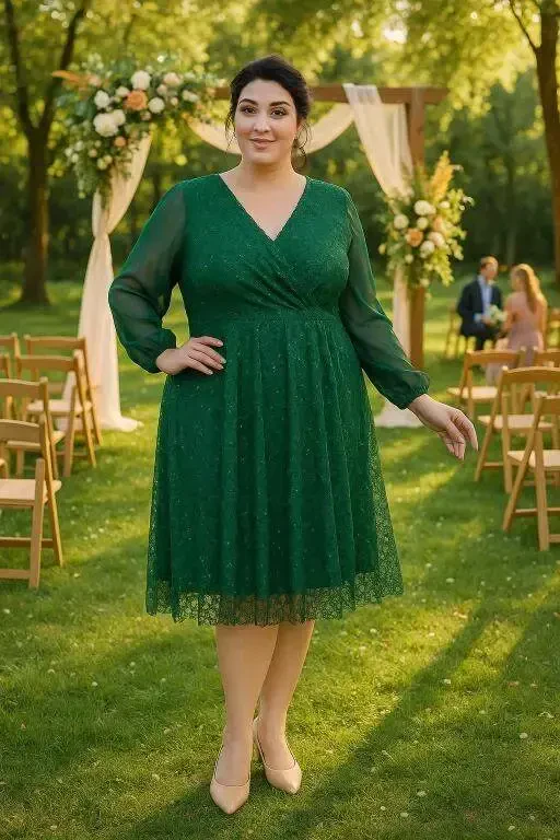 Plus Size Sequin Wrap Chiffon Sleeve Midi Green Dress KL3083 - BÜYÜKBEDENIZ