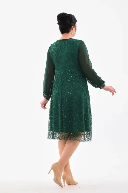Plus Size Sequin Wrap Chiffon Sleeve Midi Green Dress KL3083 - 3