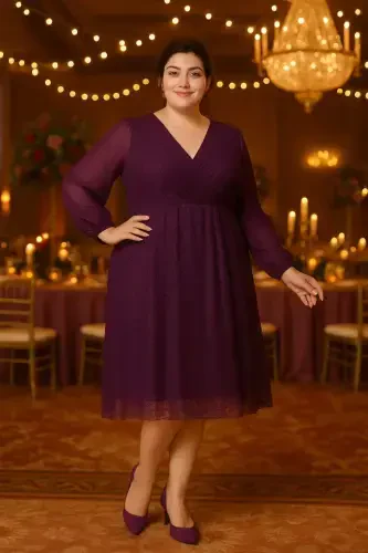 Plus Size Sequin Wrap Chiffon Sleeve Midi Purple Evening Dress KL3083 - 5