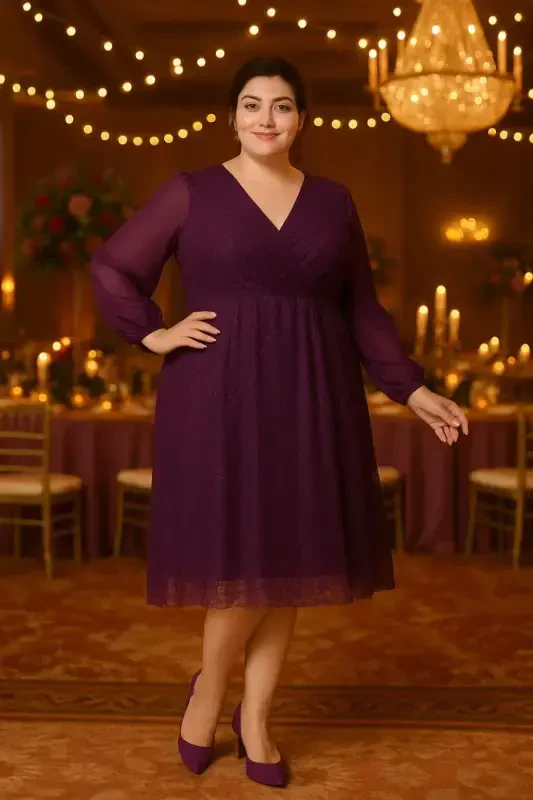 Plus Size Sequin Wrap Chiffon Sleeve Midi Purple Evening Dress KL3083 - 5