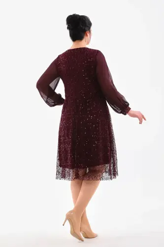 Plus Size Sequin Wrap Chiffon Sleeve Midi Purple Evening Dress KL3083 - 2