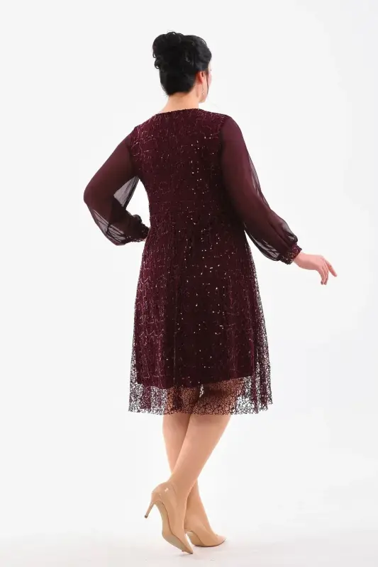 Plus Size Sequin Wrap Chiffon Sleeve Midi Purple Evening Dress KL3083 - 2