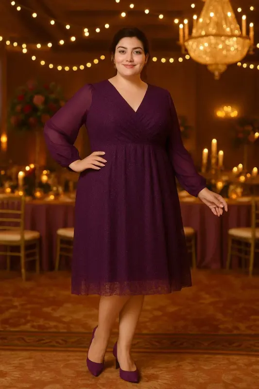 Plus Size Sequin Wrap Chiffon Sleeve Midi Purple Evening Dress KL3083 - 5