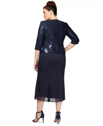 Plus Size Sequined Chiffon Dress and Jacket-Navy - 3