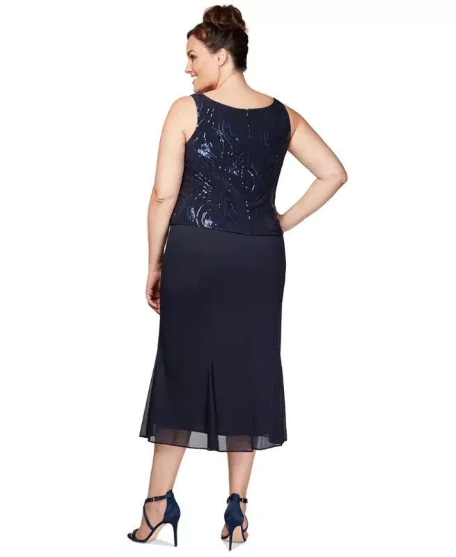 Plus Size Sequined Chiffon Dress and Jacket-Navy - 4