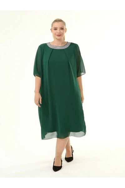 Plus Size Sequined Collar 3/4 Sleeve Chiffon Dress 9005 - FARBA