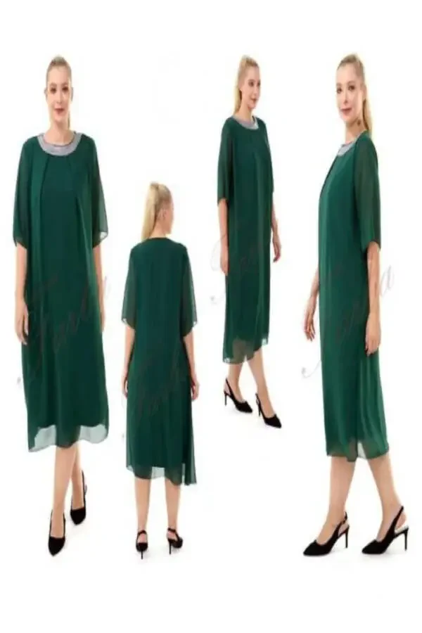 Plus Size Sequined Collar 3/4 Sleeve Chiffon Dress 9005 - 2