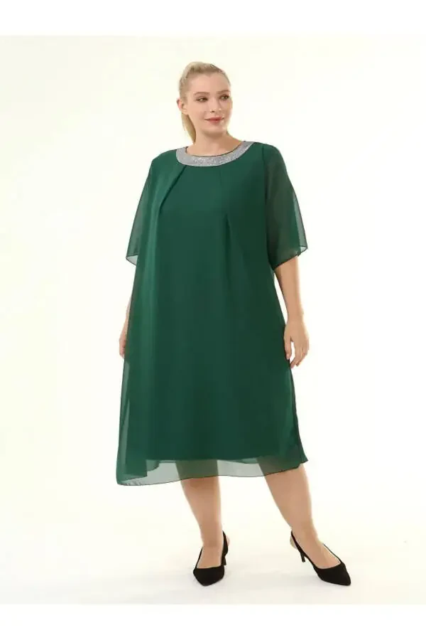 Plus Size Sequined Collar 3/4 Sleeve Chiffon Dress 9005 - 4
