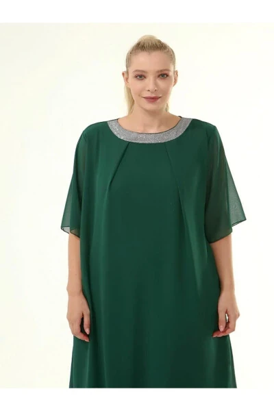 Plus Size Sequined Collar 3/4 Sleeve Chiffon Dress 9005 - 6