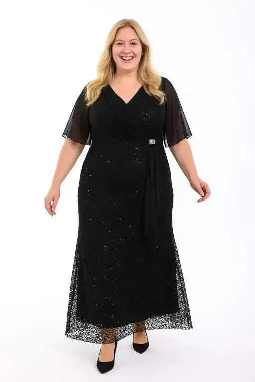 Plus Size Sequined Long Evening Dress KL3099 Black - BÜYÜKBEDENIZ