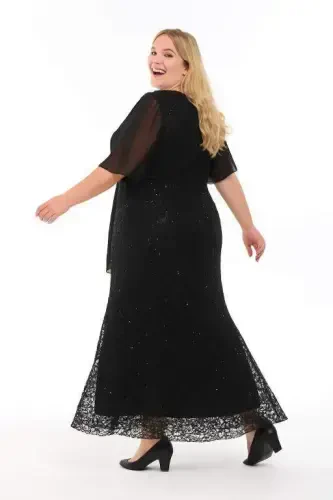 Plus Size Sequined Long Evening Dress KL3099 Black - BÜYÜKBEDENIZ (1)