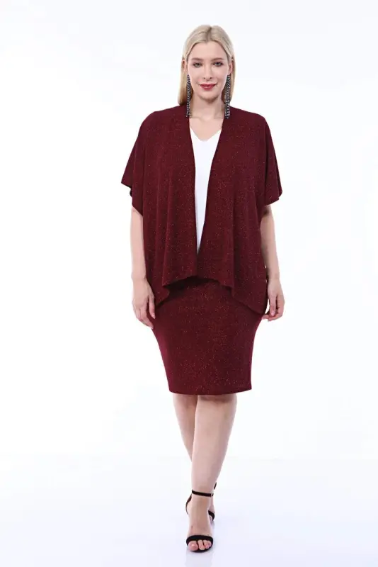 Plus Size Sequined Party Skirt and Burgundy Blazer 2 Piece Set 91-0615 - BÜYÜKBEDENIZ