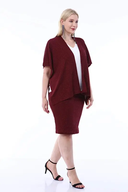 Plus Size Sequined Party Skirt and Burgundy Blazer 2 Piece Set 91-0615 - 6