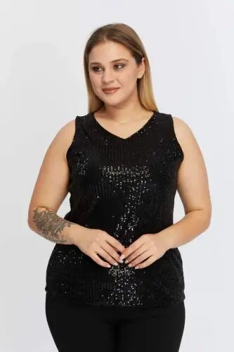 Plus Size Sequined Sleeveless Black Blouse - 1