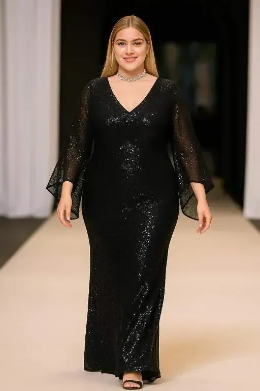 Plus Size Sequined Sparkle Maxi Dress KL3100 Black - BÜYÜKBEDENIZ