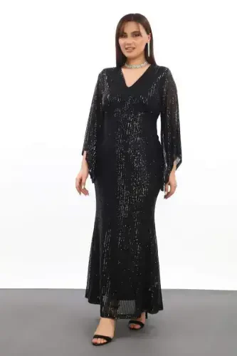 Plus Size Sequined Sparkle Maxi Dress KL3100 Black - BÜYÜKBEDENIZ (1)