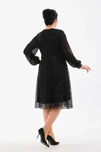Plus Size Sequined Wrap Chiffon Sleeve Midi Black Evening Dress KL3083 - BÜYÜKBEDENIZ (1)