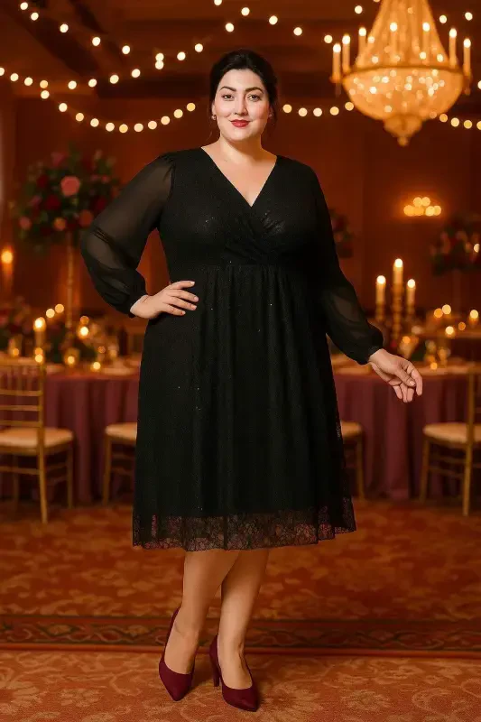 Plus Size Sequined Wrap Chiffon Sleeve Midi Black Evening Dress KL3083 - 5