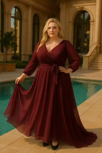 Plus Size Shimmer Long Sleeve Shimmer KL3047 Evening Dress Burgundy - 1