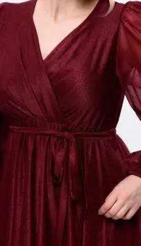 Plus Size Shimmer Long Sleeve Shimmer KL3047 Evening Dress Burgundy - 4