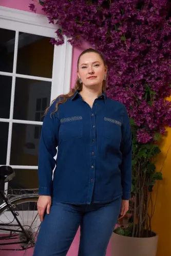 Plus Size Shirt with Pocket Detail Navy Blue - 10