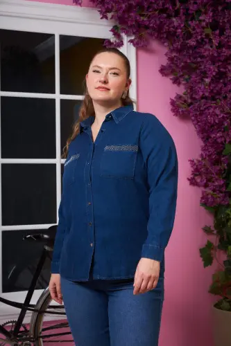 Plus Size Shirt with Pocket Detail Navy Blue - BÜYÜKBEDENIZ (1)