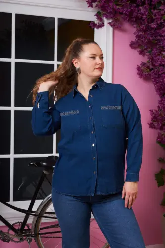 Plus Size Shirt with Pocket Detail Navy Blue - 3