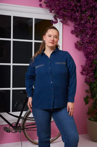 Plus Size Shirt with Pocket Detail Navy Blue - 4