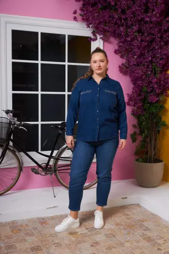 Plus Size Shirt with Pocket Detail Navy Blue - 6